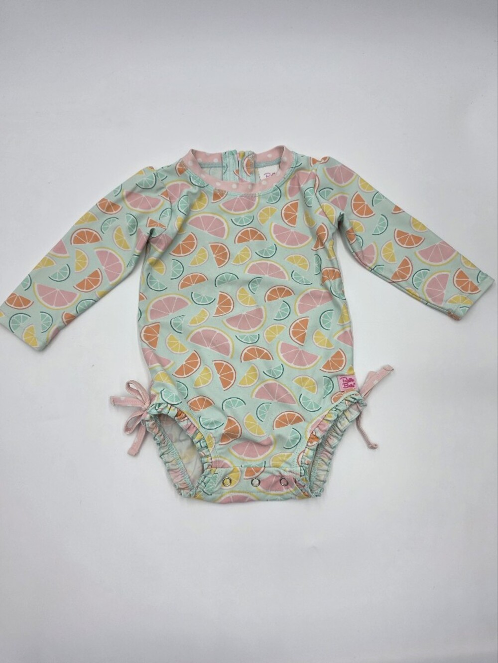Ruffle Butts baby girl fruit print rashguard swimsuit size 12-18 months
